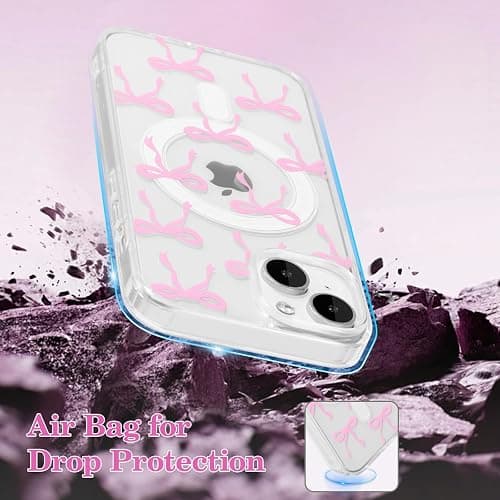 UEEBAI Magnetic for iPhone 15 Case, Bow Case Compatible with MagSafe, Wireless Slim Clear Ribbon Aesthetic Phone Cover Anti-Yellowing Shockproof Protective Cover for Women Girl - Pink - Pink - iPhone 15 thumbnail 6