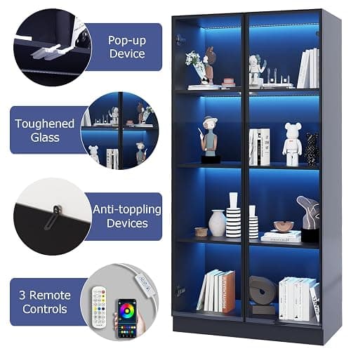 ZORPLIX Glass Display Cabinet with LED Lights Set of 2, Glass Display Case Bookcase with 4-Tier Shelves, Curio Cabinet with 2 Glass Doors, Storage Cabinet for Collectibles, Living Room - 2 - 2 Glass Door - 4 Tier thumbnail 4