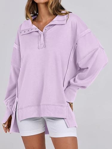 ANRABESS Women's Sweatshirts Oversized Casual Loose Button Up Henley Pullover Top High Low Split 2025 Fall Fashion Outfits thumbnail 2