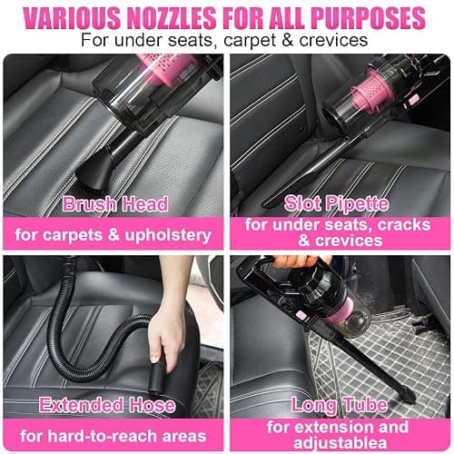 Viewsun Car Vacuum Cordless Rechargeable, 8000PA High Power Handheld Vacuum Cleaner with 17PCS Car Cleaning Kit, Pink Auto Accessories for Women Gift thumbnail 5