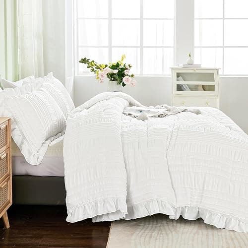 WONGS BEDDING White Queen Comforter Set,Boho Ruffle Comforter for Queen Bed,Soft Seersucker Shabby Chic Bedding Set with 1 Comforter,2 Tufted Pillowcases 90"×90" thumbnail 3