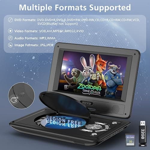 11.5" Portable DVD Player for Kids and Car, 9.5" Swivel HD Screen with 4-6 Hours Built-in Battery, Support Sync Screen to TV, Support SD Card/USB/Multiple Disc Formats (Black) thumbnail 3