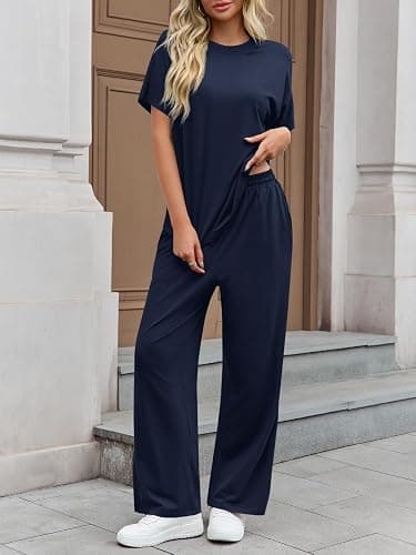 Tankaneo Womens 2 Piece Lounge Sets Short Sleeve Tops Wide Leg Pants Set Casual Matching Vacation Travel Outfits thumbnail 4