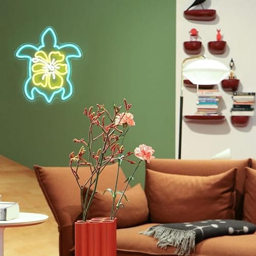 Sea Turtle Hibiscus Neon Signs for Wall Decor Blue Turtle Neon Light Yellow Flower LED Neon Wall Sign Ocean Neon Light Up Sign for Bedroom Living Room Office Decor Sea Turtle Gifts - Blue Yellow White thumbnail 7