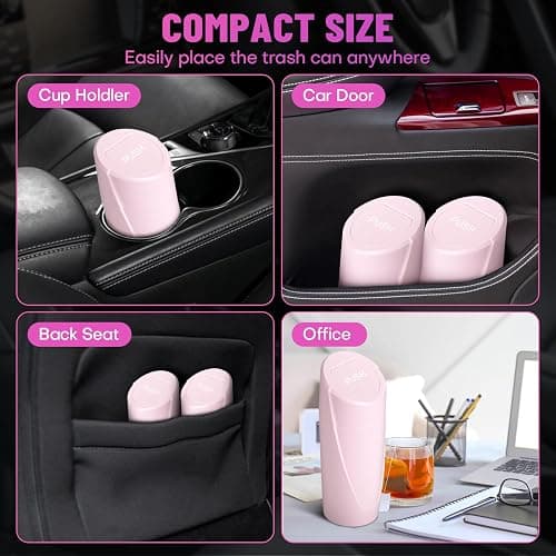 SGLRT Pink Mini Leakproof Vehicle Trash Bin with Lid - Garbage Can for Car Cup Holder - 20pcs Trash Bags - Car Organizers and Storage for Front Back Seat Accessories thumbnail 3