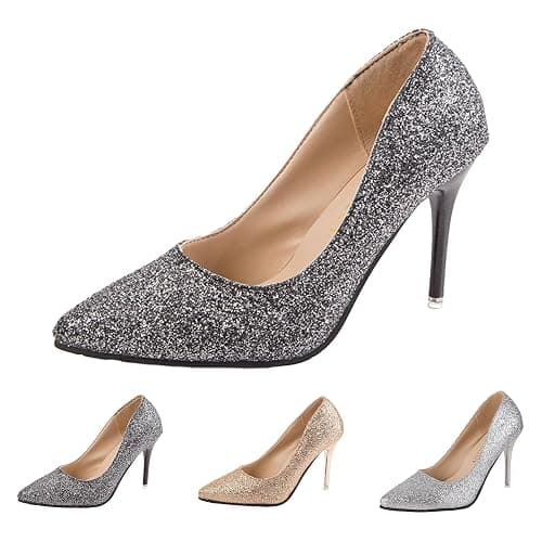Escarpins à talons hauts pour femme - Paillettes - Chaussures de soirée avec talon bloc - Chaussures de fête - Chaussures de mariage élégantes et confortables - Chaussures en dentelle - Chaussures à thumbnail 4