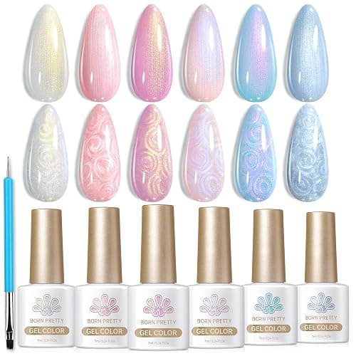Born Pretty Vernis Gel Semi-Permanent Nacré, Vernis à ongles en Perle Spirale Rose Blanc Bleu Pearl Effet Sirène Brillant Vernis avec Fil UV LED Soak Off Nail Art, 7ML 6PCS - 7ml - Rose Blanc Bleu Perle 6pcs - Image 1
