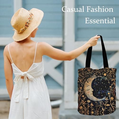 LADOCK Boho Floral Crescent Moon Tote Bag, Witchy Gothic Moon and Stars Canvas Tote Bags for Women, Mystical Celestial Boho Botanical Reusable Grocery Shopping Bags thumbnail 3