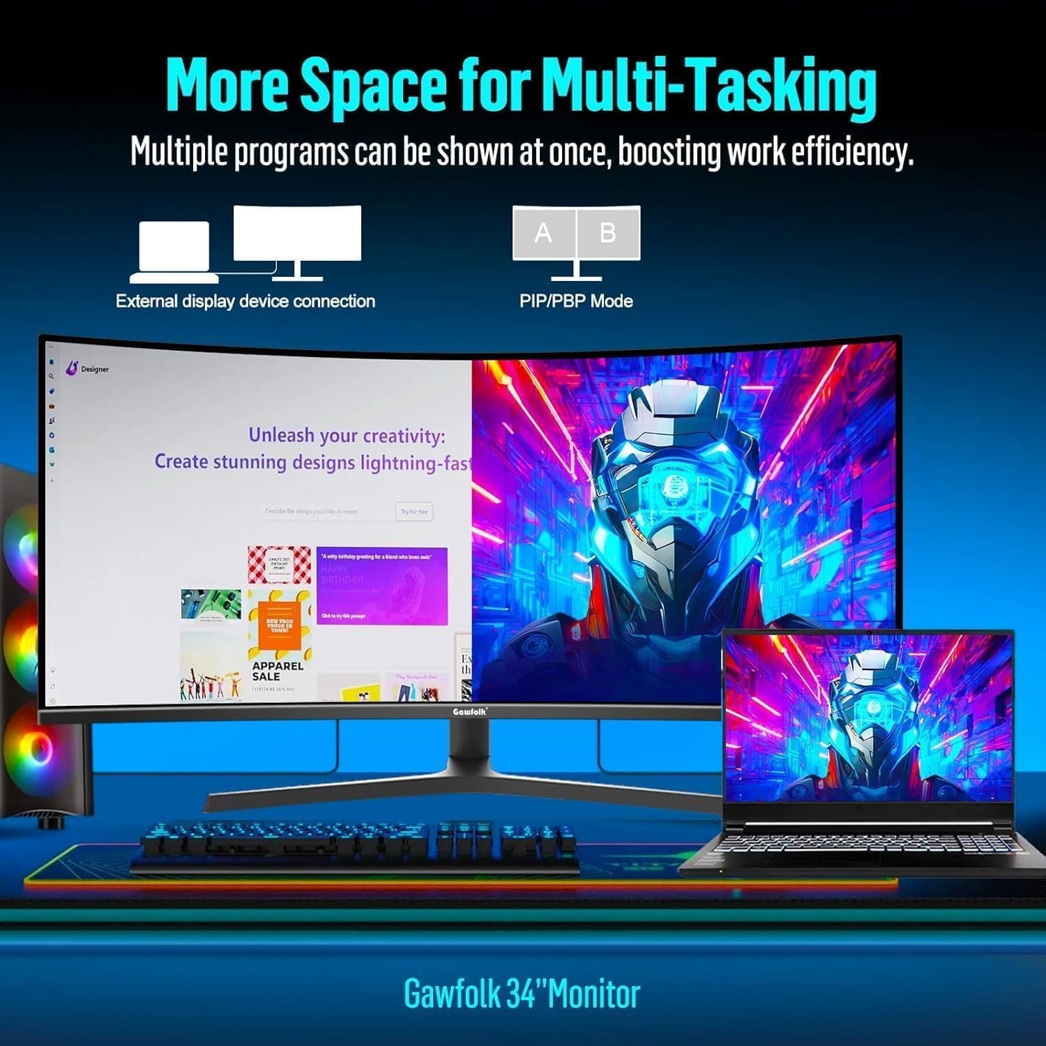 Gawfolk 34 inch Curved ultrawide Gaming Monitor, UWQHD 3440x1440, 1500R Curvature 165hz Refresh Rate Curved Computer Screen with FreeSync and Eye Care Technology, Liftable Stand thumbnail 4