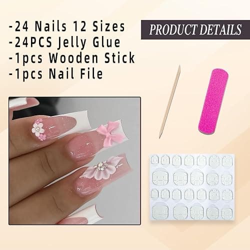 Jremg White French Tip Press on Nails Long Square Fake Nails with 3D Flowers Rhinestones Designs Glossy Cute Pink Bow Charms False Nails Reusable Nude Pink Full Cover Glue on Nails for Women 24Pcs thumbnail 2
