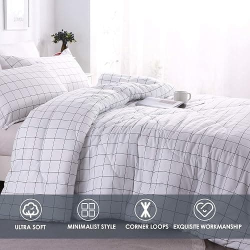 Andency White Grid Comforter Set Full Size (79x90 Inch), 3 Pieces(1 Grid Comforter and 2 Pillowcases), Summer Lightweight Microfiber Down Alternative White Comforter with Black Lines - White - Full (79*90 in) thumbnail 2