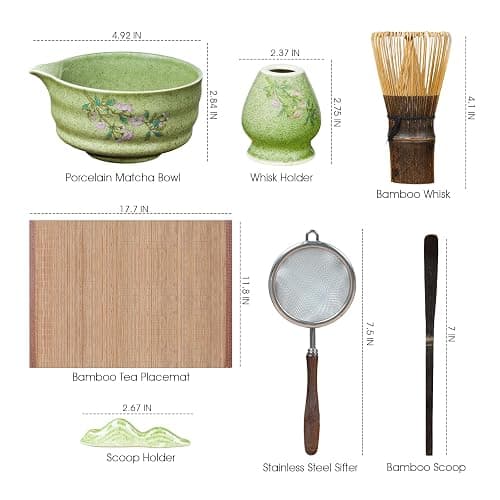 GleeNflux 7-Piece Matcha Set, Ceramic Matcha Bowl, Bamboo Whisk (Chasen), Whisk Holder, Sifter, Tea Scoop & Scoop Rest, Special Bamboo Tea Mat, Harmonious Color Matcha Making Kit, Green thumbnail 2