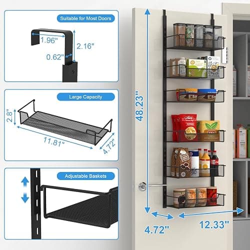 VyGrow 12.3" W Narrow Over the Door Pantry Organizer, 6-Tier Over the Door Organizer with Adjustable Basket, Pantry Door Organization for Pantry Kitchen Storage Room Spice Rack, Black thumbnail 2