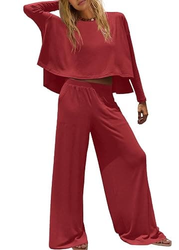 Panadila Womens Oversized Lounge Sets 2 Piece Matching Pajama Sets Long Sleeve Crop Top and Wide Leg Pants with Pockets thumbnail 3