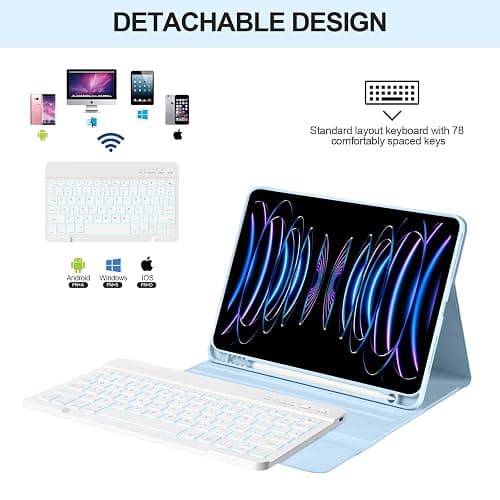 besky for iPad Air 11 Inch M4/M3/M2 (2026/2025/2024) & Air Series (6th/5th/4th Gen), for iPad Pro 11 (4th/3rd Gen)，with Wireless Detachable Backlit Keyboard for 10.9" iPad Air 5th/4th Gen - Blue thumbnail 6