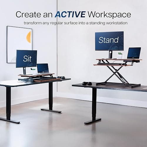 VIVO Height Adjustable 32 inch Stand Up Desk Converter, Quick Sit to Stand Tabletop Dual Monitor Riser Workstation, Dark Walnut Desktop, Black Frame, DESK-V000SD thumbnail 4