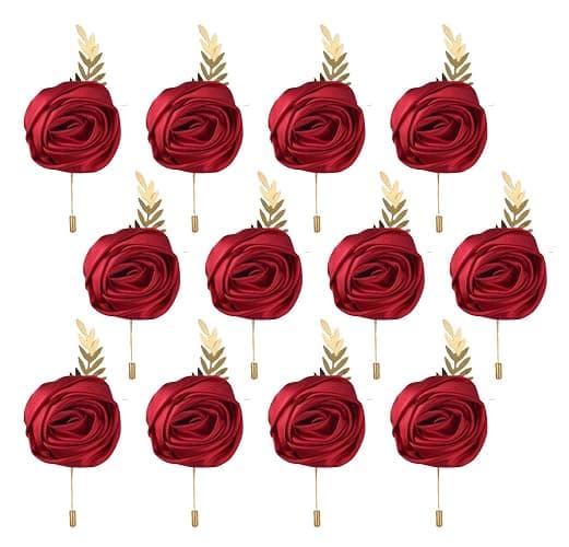 Faux Silk Rose Men Suit Boutonniere, Artificial Flower & Golden Leave Brooch Lapel Pin for Groom Groomsman Wedding Prom Dance Homecoming Party - Image 1