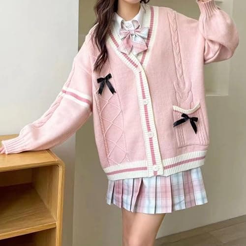 FindThy Women’s Kawaii JK School Uniform Cardigans Long Sleeve Button Up Cardigan with Pinned Bowknot thumbnail 3