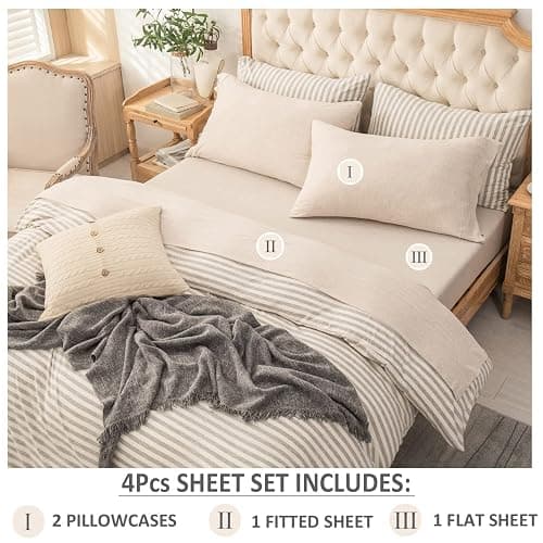 PURE ERA Jersey Knit 4pc Bed Sheet Set 100% T-Shirt Heather Cotton Super Soft Comfy Breathable Fits Mattress Up to 20" Extra Deep Pocket (Heather Beige, King) thumbnail 2