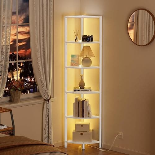 Furnulem 6 Tier Corner Shelf with LED Light, 67.5” Tall Standing Shelf Organizer, White Narrow Bookshelf with Storage Rack for Wall Corner, Living Room, Bedroom, Metal Frame, Wood Display Shelf thumbnail 3