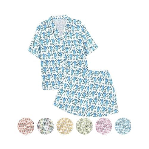 Summer Pajamas For Girls, Roller Dupes Rabbit Preppy, 2 Piece Button Down Monkey Bunny Shorts Set - Image 1
