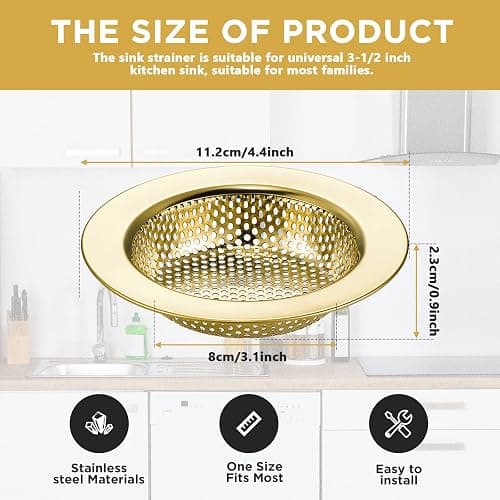 Retisee 2 Pcs Sink Strainer Stainless Steel Kitchen Sink Drain Strainer Basket Cover Mesh Hair Food Catcher, Large Wide Rim of 4.4 Diameter(Gold) thumbnail 3
