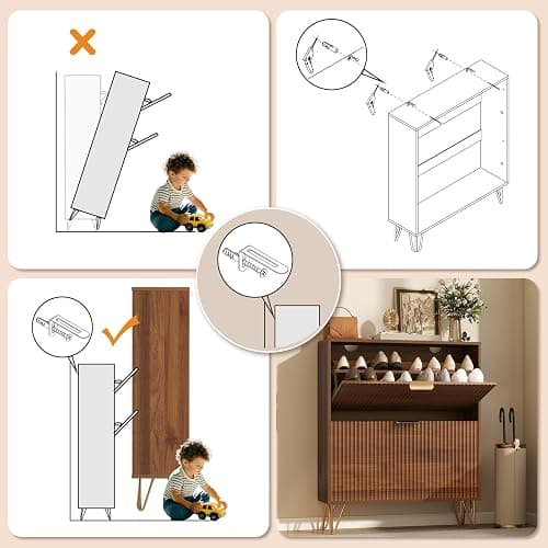 LYNCOHOME Fluted Narrow Shoe Storage Cabinet with 2 Flip Drawers, Freestanding Shoe Organizer for Entryway, Shoe Rack Cabinet with Adjustable Shelves, Walnut thumbnail 5
