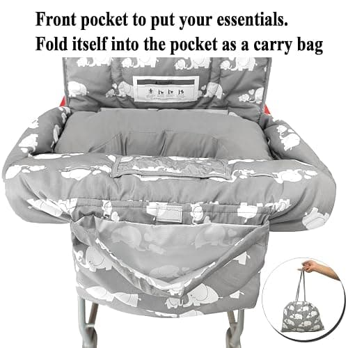 Soft Pillow Attached 2-in-1 Shopping Cart and High Chair Cover for Baby, Cotton Padded Cart Cover, Fold'n Roll Style, Portable with Carry Bag (Gray Elephant) thumbnail 6