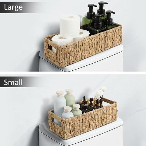 Graciadeco Nesting Small Wicker Basket, Water Hyacinth Toilet Paper Baskets Bathroom Organizer Woven Long Narrow Baskets for Organizing Pantry Bathroom Toilet Tank, 2 Pack thumbnail 7