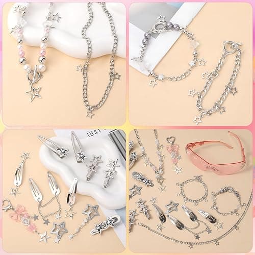 JATEBI Y2k Accessories Set Included Star Y2k Silver Necklace Bracelets Grunge Layered Necklace Y2K Sunglasses Hair Clip Pink Keychain Vintage Jewelry Set for Women thumbnail 8