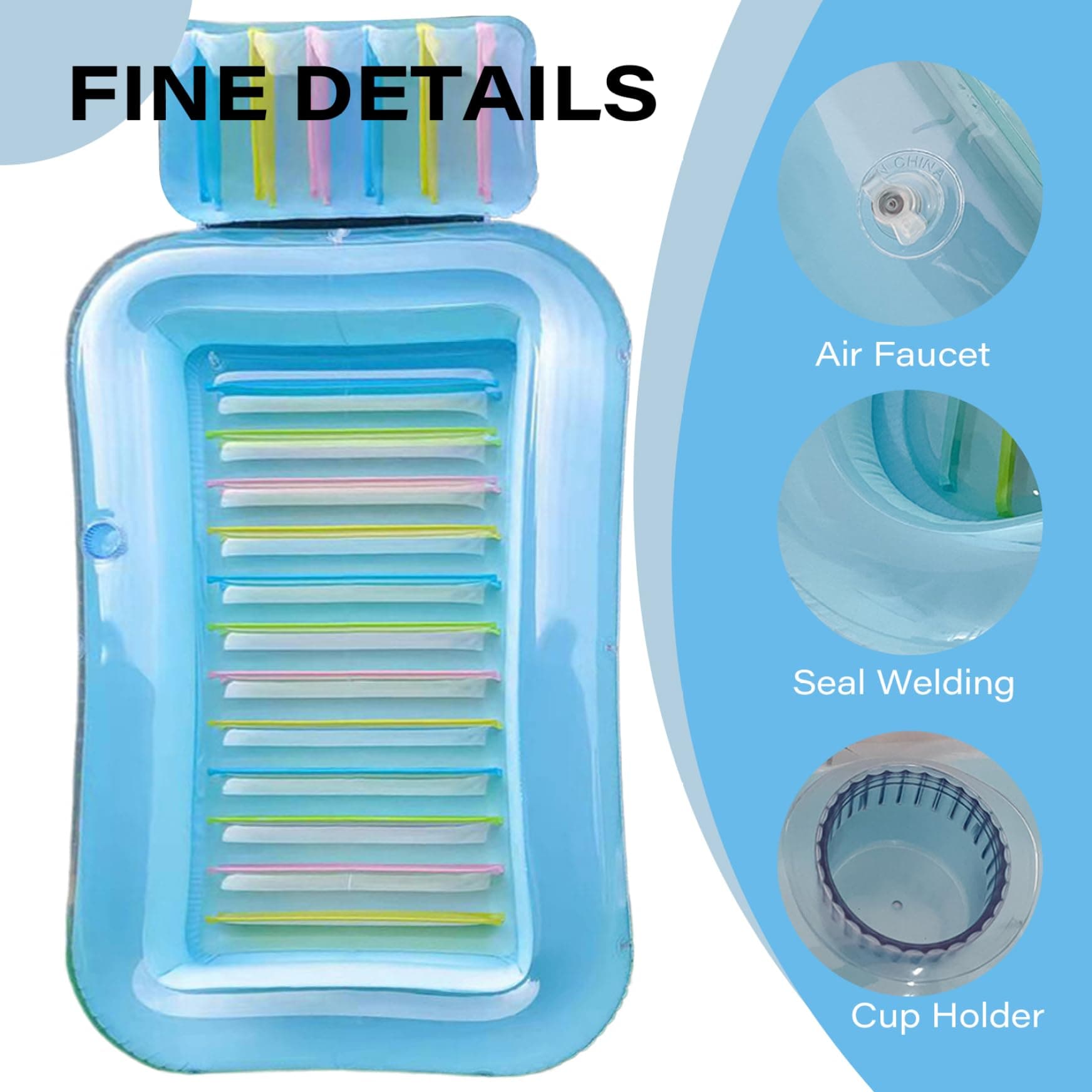 Tanning Pool Bed with Pillow, 69x43x8 Inch PVC Inflatable Sun Lounger with Drink Holder, Portable Blow up Pool Floats for Adults Kids Beach Sunbathing thumbnail 3