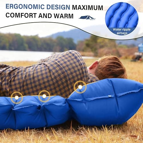 FUN PAC Camping Sleeping Pad, Ultralight Camping Pad with Pillow Built-in Foot Pump Inflatable Sleeping Mat Compact for Camping Backpacking Hiking Traveling - Blue, Single thumbnail 2