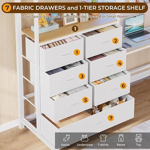 DICTAC Twin Size Loft Bed with L-Shaped Desk and 7 Storage Drawers,Metal Twin Loft Bed for Kids with LED Lights and Charging Station,13.11" H Safety Guardrail and Ladder,No Box Spring Needed, White thumbnail 5