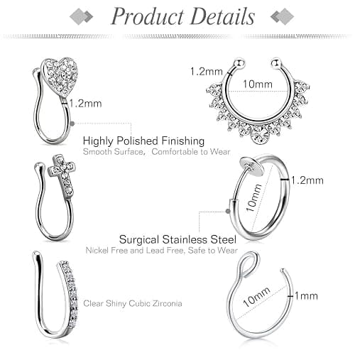 JFORYOU Fake Nose Ring Fake Septum Fake Nose Ring Hoop Fake Nose Rings for Women Faux Nose Piercing Spring Clip on No Pierced Non Piercing Faux Body Piercing Jewelry for Women Men thumbnail 2