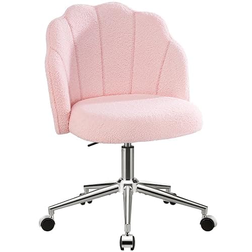 Eufurnibi Vanity Chair for Dressing Table with Wheels, Boucle Chair for Bedroom, Swivel Armchair for Home, Height Adjustable&Easy Assembly, Pink - Image 1