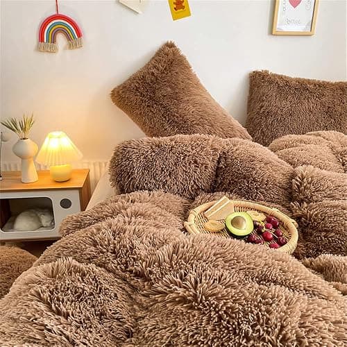 chovy Faux Fur Plush Coffee Comforter Sets Queen - Ultra Soft Shaggy Flannel Velvet Fluffy Fuzzy 3PC Bedding Set （Comforter x 1 Pillowcases x 2） thumbnail 7