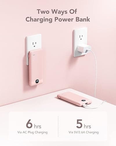 VRURC 10000mAh Portable Charger with Built-in Cables and AC Wall Plug Ultra Slim Power Bank USB C Phone Charger 5 Output 2 Input External Battery Pack LED Display Compatible with All mobilephone-Pink thumbnail 3