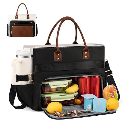 LOVEVOOK Insulated Lunch Bag, Large Capacity Tote with Lunch Compartment, Laptop Bag with Cup Holder, Work Bags for Women, Nurse Lunch Tote for Office, Picnic, 15.6 Inch Black-Beige-Brown - Image 1