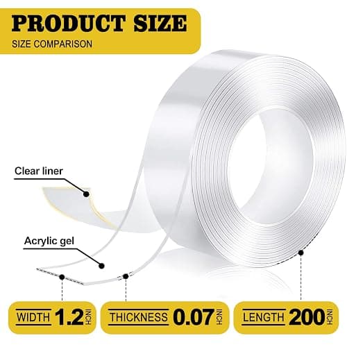 Double Sided Mounting Tape,1.2" x 200",Heavy Duty Removable Nano Adhesive Tape for Walls,Adhesive Strips Strong Sticky Gel Grip Tape,Transparent Poster Tape Wall Tape for Picture Carpet Decoration thumbnail 2
