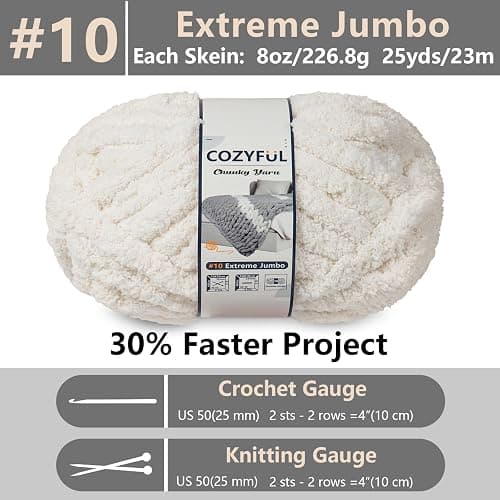 Cozyful Chunky Yarn for Hand Knitting - #10 Chunky Chenille Yarn, Jumbo Big Thick Chunky Yarns for Crocheting, Super Bulky Chunky Knit Blanket Yarns, 8 Skein (25 yds 8 oz Each Skein), Beige White thumbnail 3