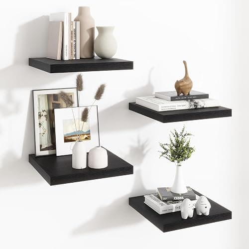 Fun Memories Floating Shelves for Wall - 12 Inch Square Shelves with Invisible Brackets, Black Small Wall Shelf for Living Room, Bathroom, Bedroom, and Kitchen Decor,Set of 4 - Image 1