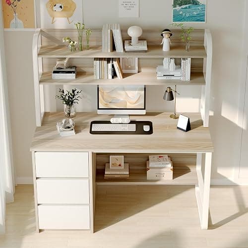 MaverickFurni Computer Desk with Hutch, 47 Inch Small Desk with 3 Drawers for Bedroom, Study Writing Desk with Shelves for Small Spaces, Adjustable Feet, Light Walnut thumbnail 9