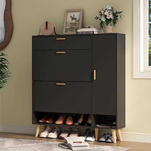 Gyfimoie Shoe Cabinet Storage for Entryway, Slim Shoe Organizer Cabinet 2 Flip Drawer, Narrow Hidden Shoe Storage Side Door Cabinte (Black) thumbnail 5