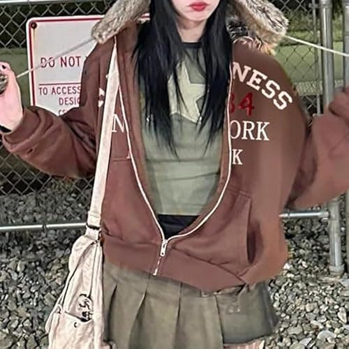HOHOPEACH Y2k Zip Up Hoodie Fur Jackets Winter Coats Teen Emo Grunge 2000s Clothes Vintage Streetwear Women thumbnail 3