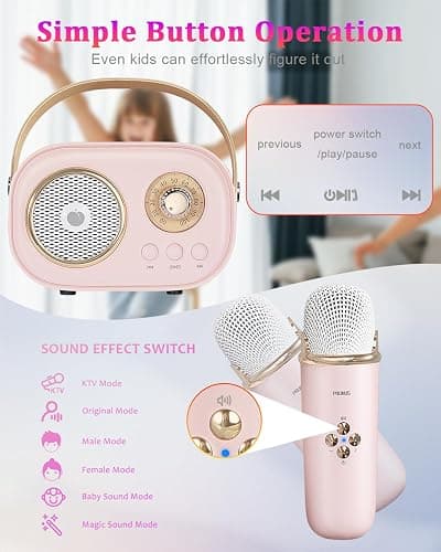 PRUNUS C20 Mini Karaoke Machine Portable Bluetooth Speaker with Wireless Microphone 6 Sound Modes for Adults&Kids Birthday Home Farmily Friends Party Gifts for Girls Boys Friends-Pink thumbnail 5