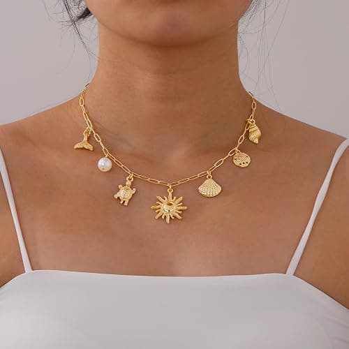 Lydow Charm Necklace for Women, 14K Gold Plated Shell Sun Starfish Summer Beach Necklace 16+3" Paperclip Chain Jewelry Gifts thumbnail 2