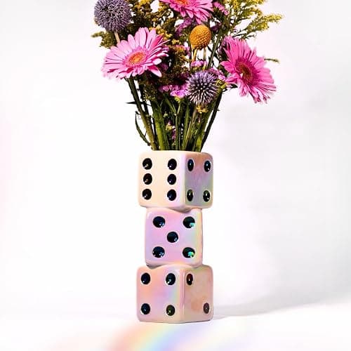 Reimagine Discovery Iridescent Triple Dice Vase, Maximalist Home Decor Ceramic Flower Vase, Iridescent Desk Accessories for Office, Bar Cart Or Vanity, Unique & Trendy Holographic Decor - Image 1