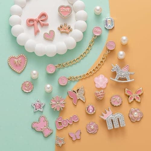 30,50pcs Pink Bling Random Shoe Charms for Girls Women Cute Pearl Butterfly Flower Chains Shoes Accessories Decorations for Clog Sandals Birthdays Party Favors Decorations Gifts thumbnail 3