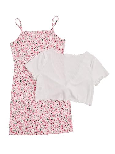 OYOANGLE Girl's 2 Piece Outfits Floral Print Sleeveless Cute Cami Dresses and Short Sleeve Lettuce Trim Tie Front Top Sets thumbnail 2