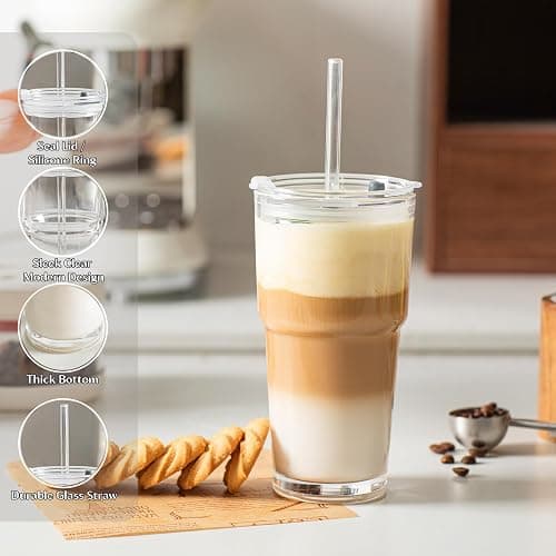 INSETLAN 20oz Clear Glass Cup with Lid and Glass Straw, Set of 2 Thickened Glass Coffee Tumblers, Drinking Glasses with Straw for Smoothie, Tea, Milk, Whiskey, Water and More – Elegant & Durable thumbnail 7